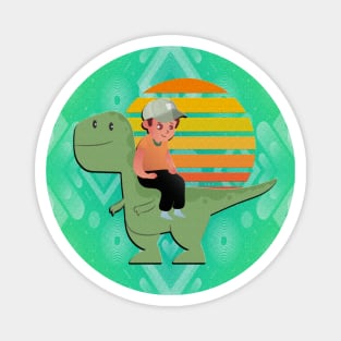 Funny dino with boy in sunset Magnet
